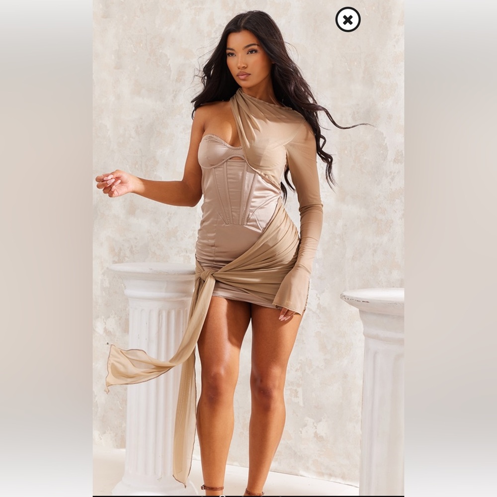 Taupe Satin Corset Mesh Detail One Sleeve Bodycon Dress